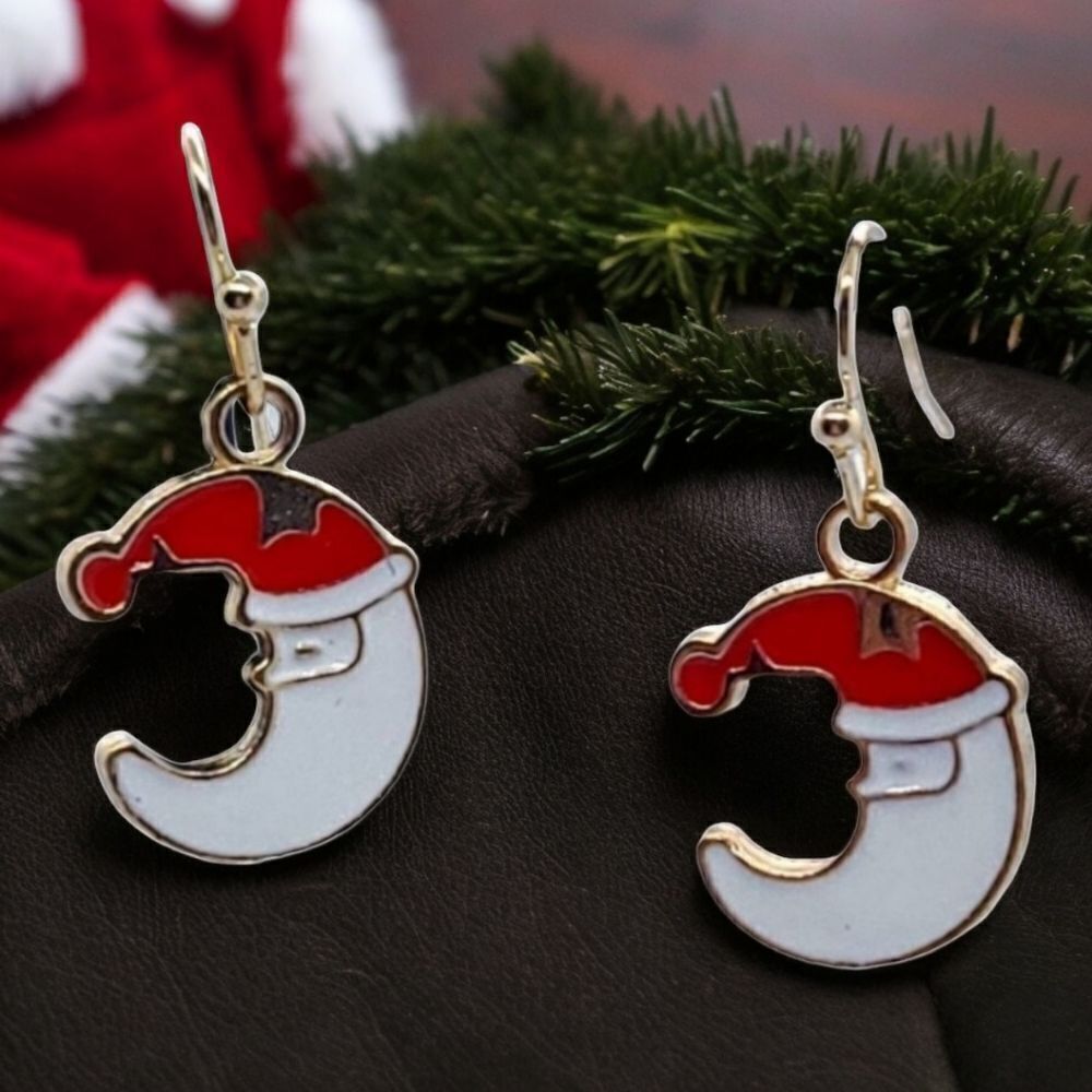 Holiday Earrings 🎄Santa Crescent Half Moon Christmas Enamel Dangle Drop Jewelry